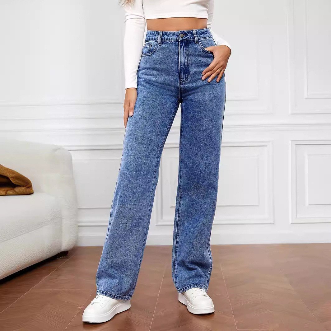Washed Fashion Straight Jeans Women's Mid Waist - Image 3