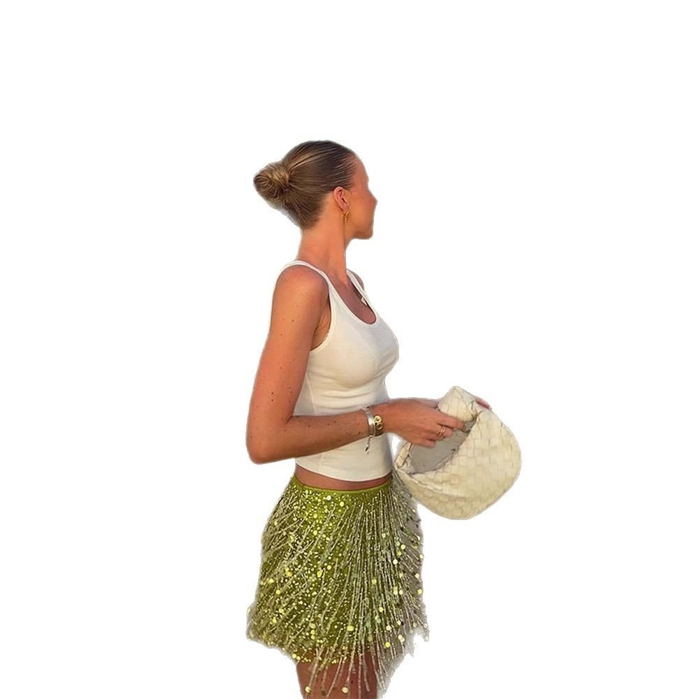 New Fashionable And Eye-catching Solid Color Tassel Sequin Skirt - Image 5
