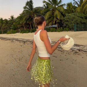 New Fashionable And Eye-catching Solid Color Tassel Sequin Skirt