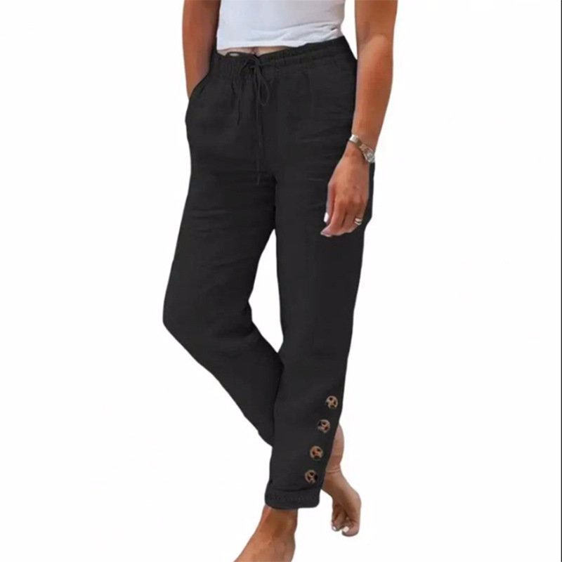 Elastic Waist Cotton Linen Straight Casual Button Trousers - Image 5