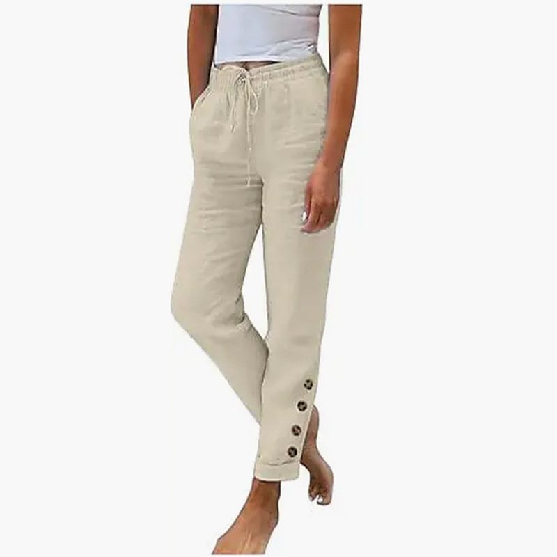 Elastic Waist Cotton Linen Straight Casual Button Trousers - Image 7