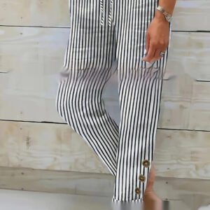Fashion Striped Cotton Linen Elastic-waist Trousers Decorative Buckle Casual Pants