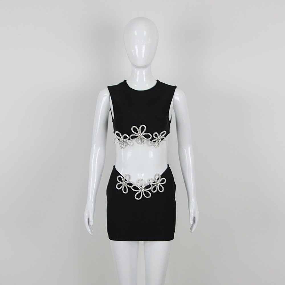 Women's Fashion Cutout Sleeveless Rhinestone Top Skirt Suit Bandage - Image 4