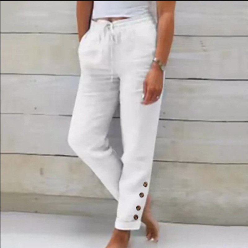 Elastic Waist Cotton Linen Straight Casual Button Trousers - Image 3