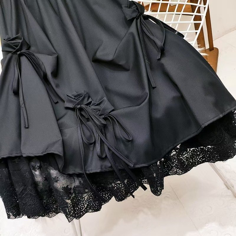 High-waisted Bow Heavy Work Spliced Lace A-line Midi Skirt - Image 2