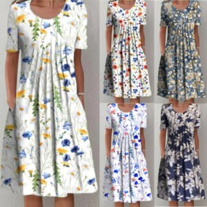 Spring And Summer Women's Elegant Large Swing Round Neck Printed Short Sleeve Dress