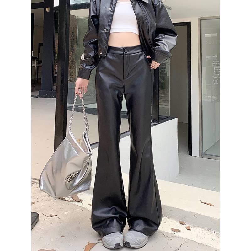 Slim Fit Leather Bootcut Trousers Slimming High Waist Casual Leather Pants - Image 3
