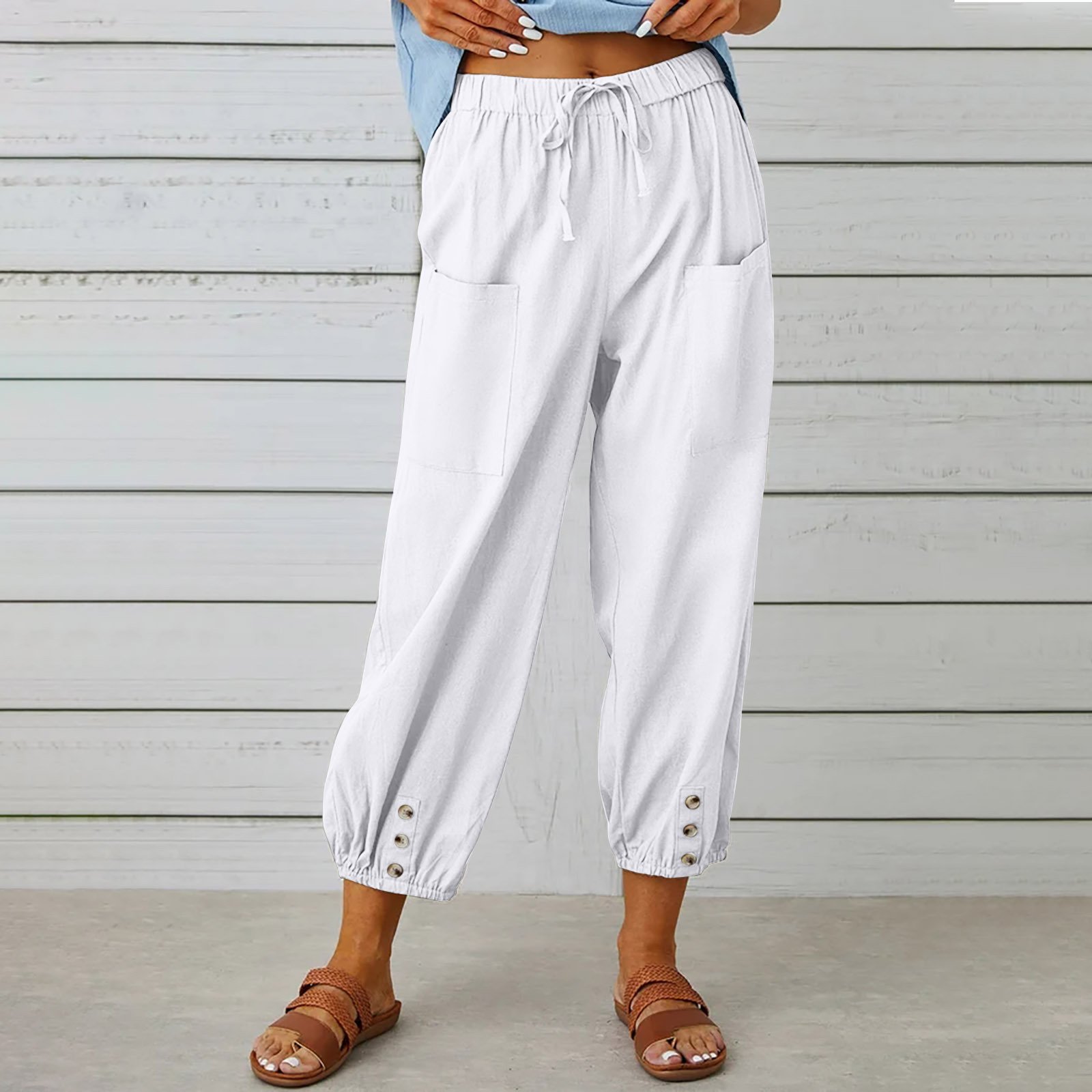 Women Drawstring Tie Pants Spring Summer Cotton And Linen Trousers With Pockets Button - Image 4