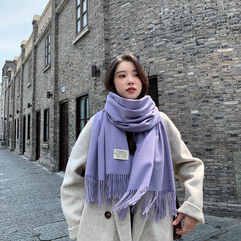 250g Solid Color Artificial Cashmere Scarf Thickened Warm Tassel Monochrome Shawl - Image 4