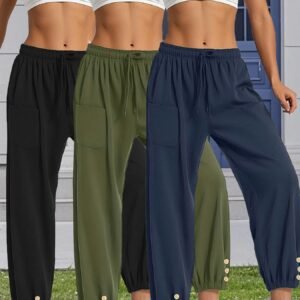 3pcs High-Waisted Button Wide-Leg Pants Cropped, Comfy & Effortlessly Chic