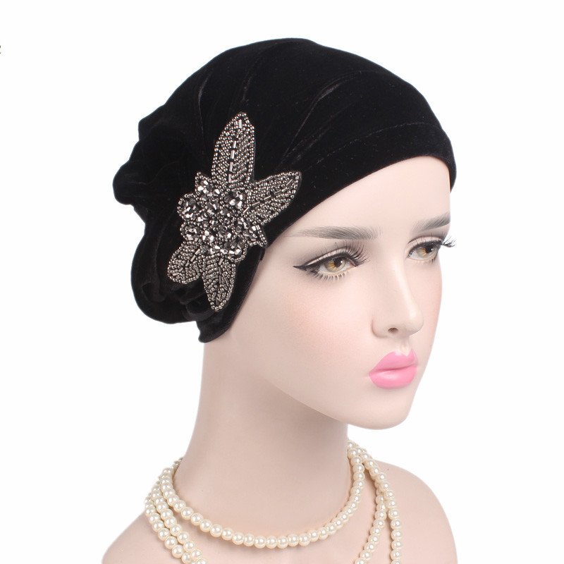 Beaded Flower Accessories Turban Hat Velvet Pleated Hood - Image 2