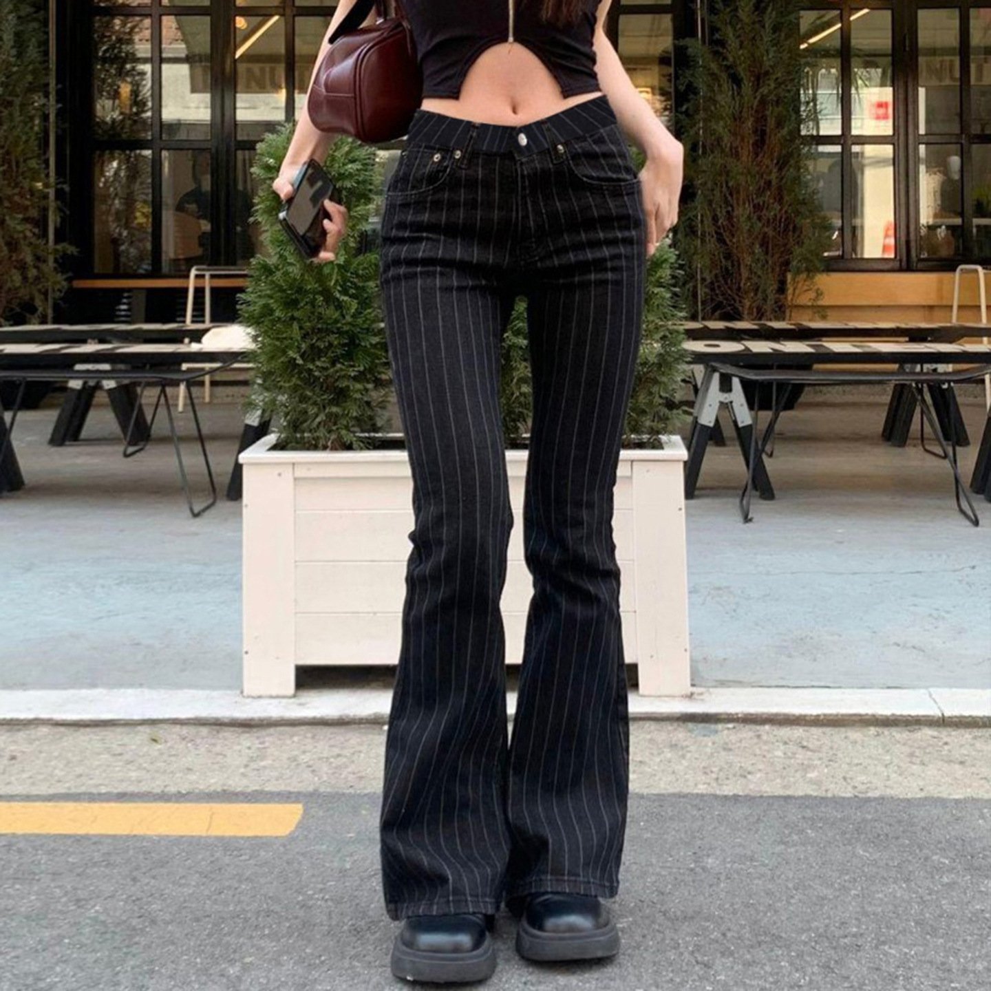 Womens Striped Contrasting Low-Waist Straight Jeans - Image 2