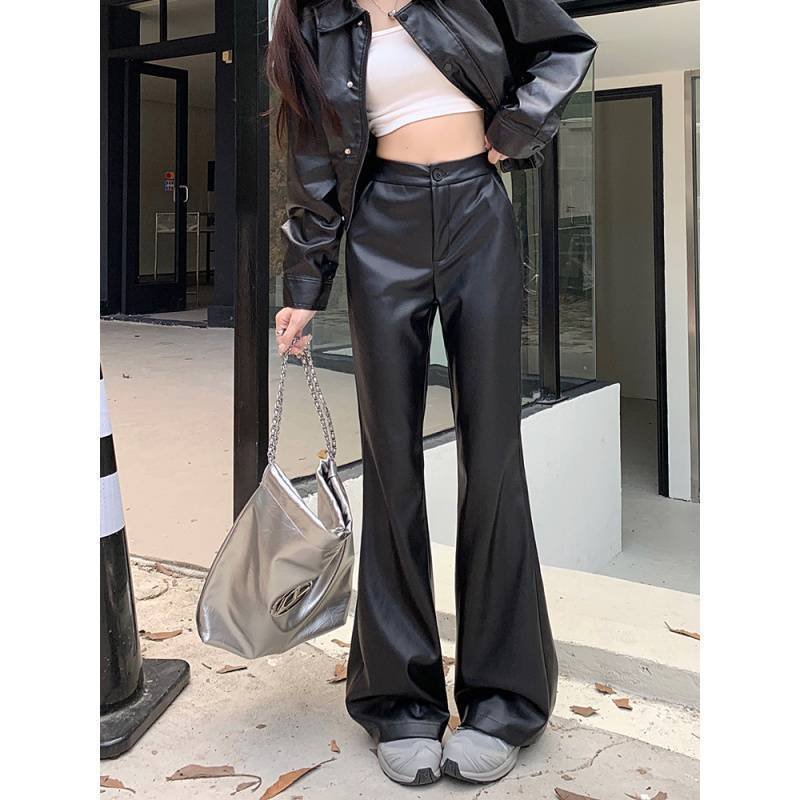 Slim Fit Leather Bootcut Trousers Slimming High Waist Casual Leather Pants - Image 6