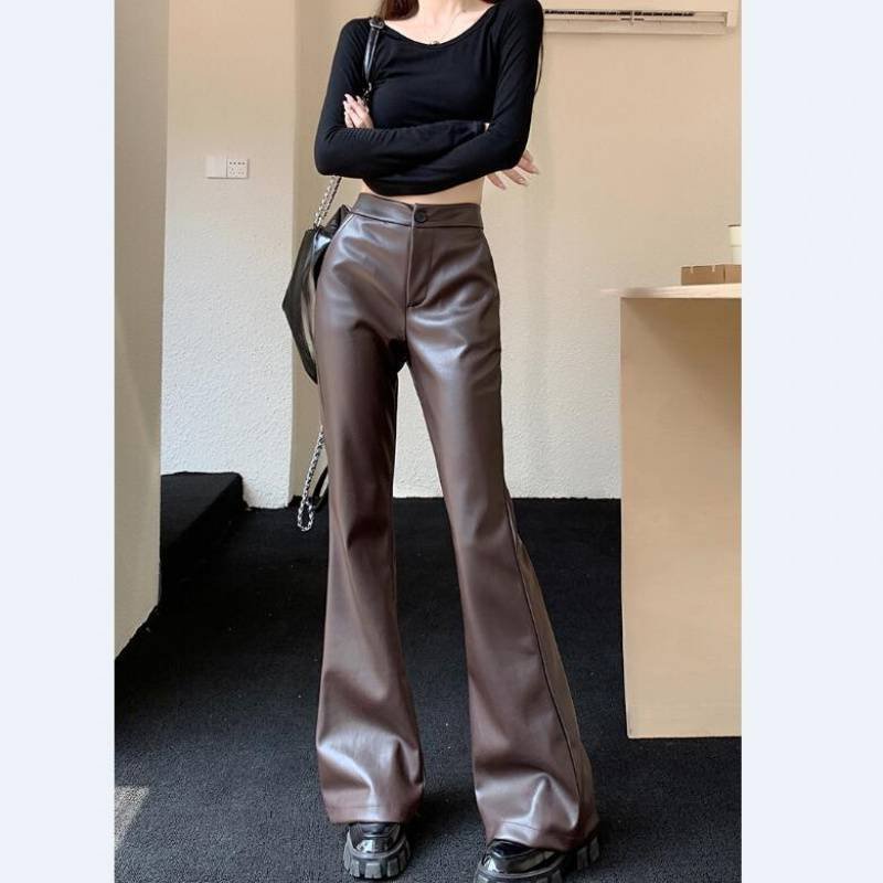 Slim Fit Leather Bootcut Trousers Slimming High Waist Casual Leather Pants - Image 8