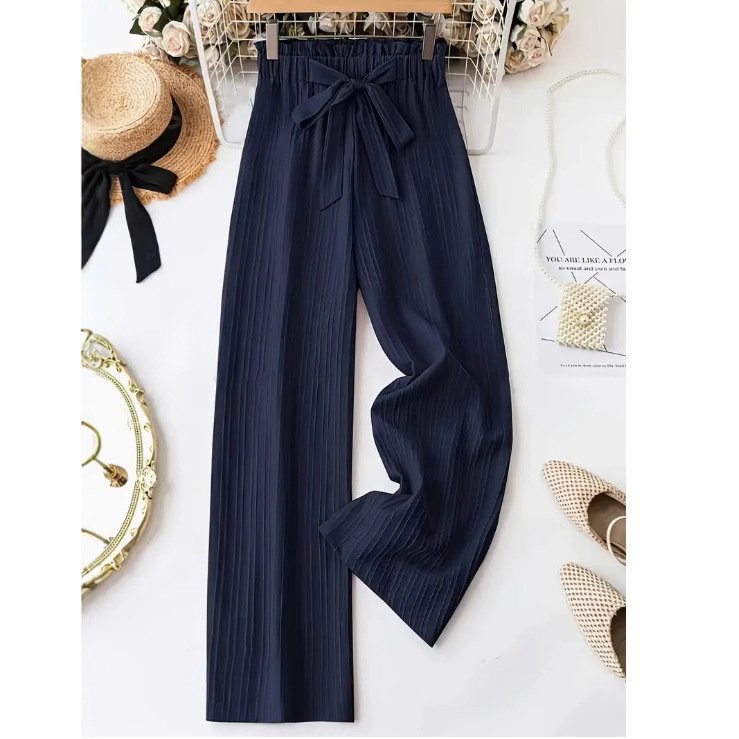 Women's Wide Leg Solid Color Casual Polyester Pant Belt Bow Detail - Image 2