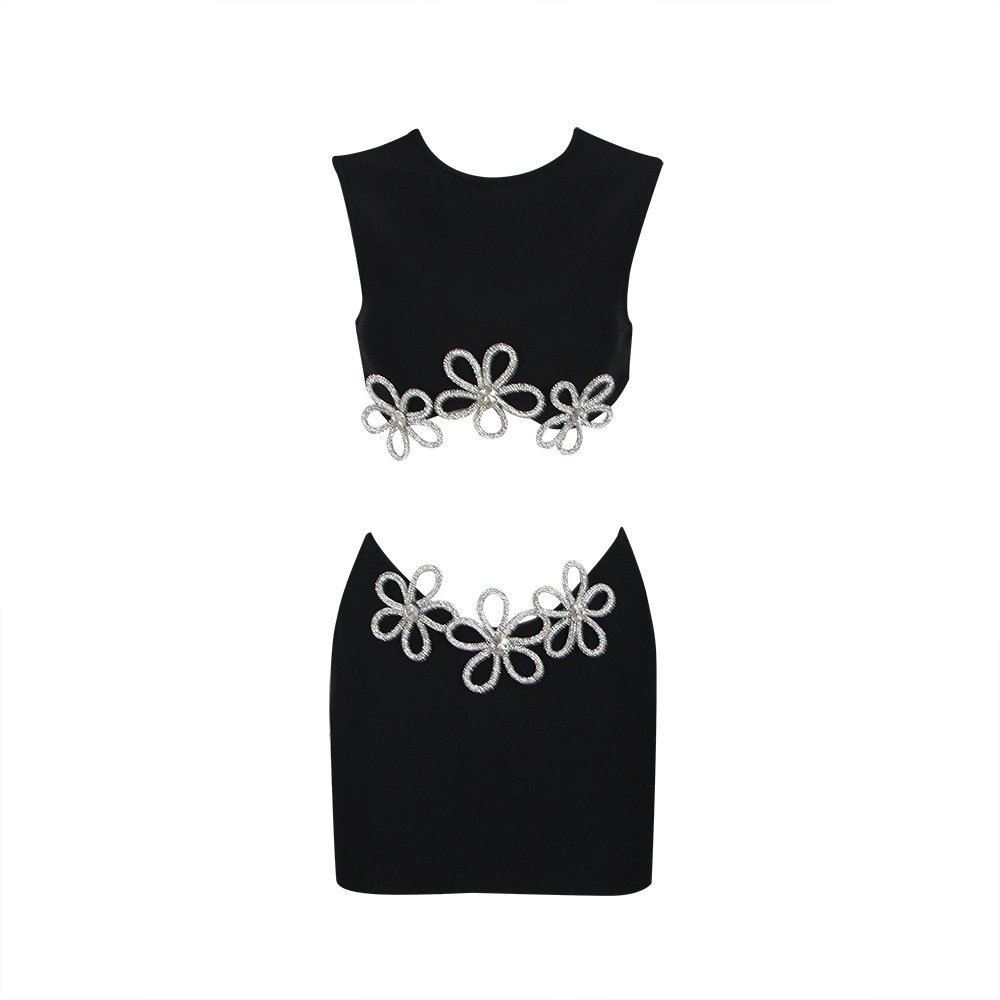 Women's Fashion Cutout Sleeveless Rhinestone Top Skirt Suit Bandage - Image 6