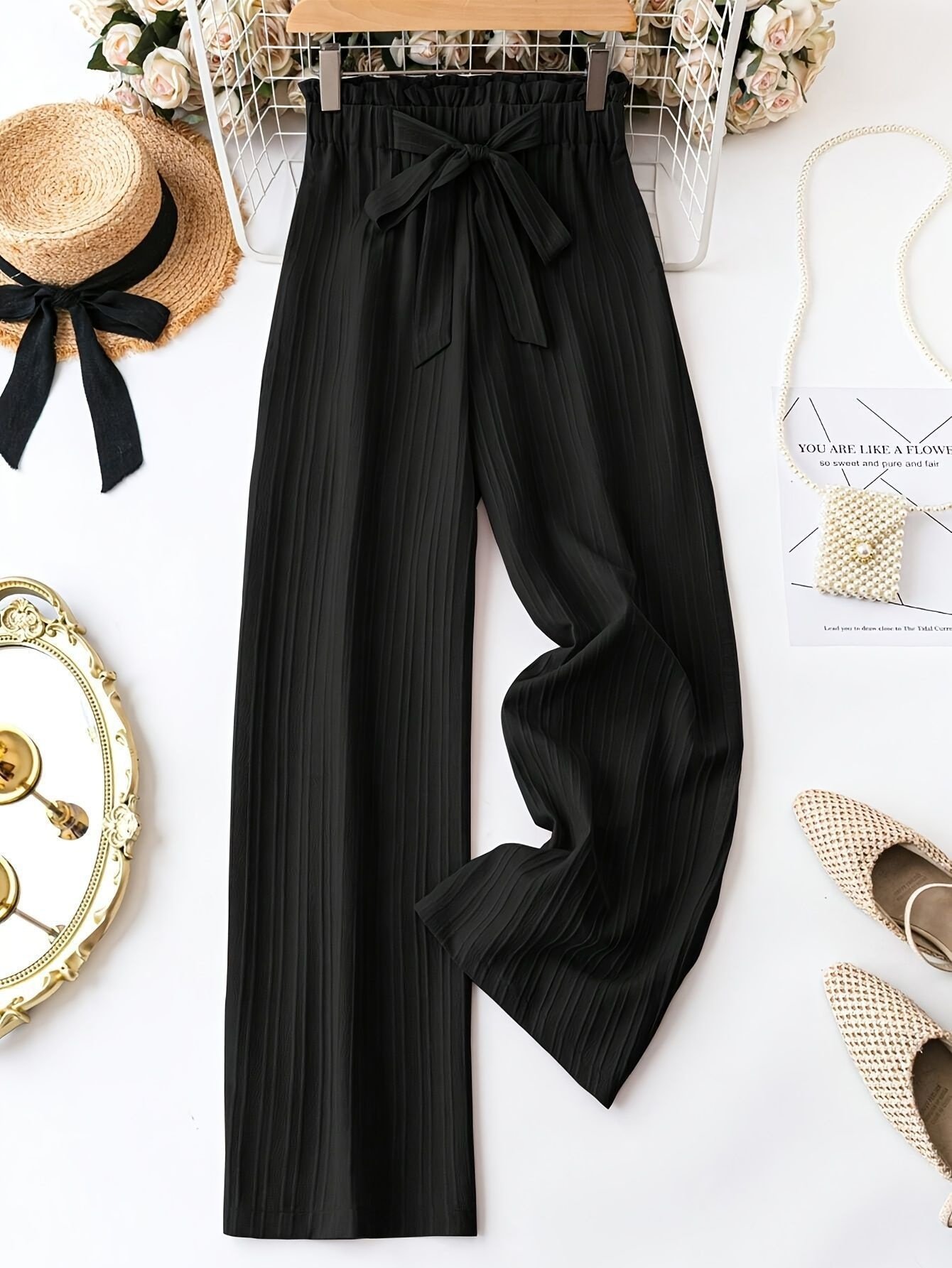 Women's Wide Leg Solid Color Casual Polyester Pant Belt Bow Detail - Image 7