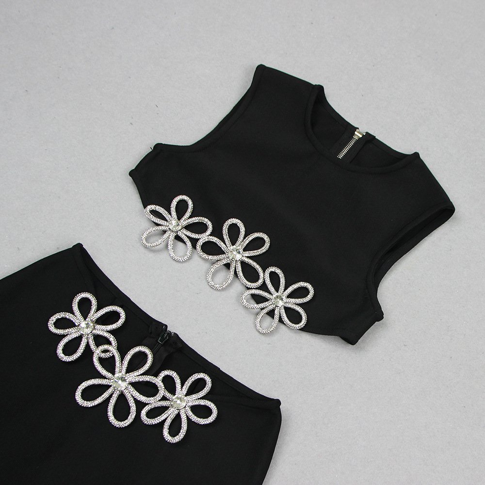 Women's Fashion Cutout Sleeveless Rhinestone Top Skirt Suit Bandage - Image 2