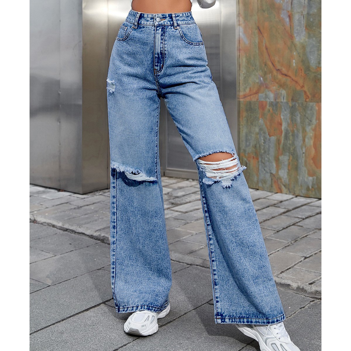 Women's Fashion Holes High Waist Casual Denim Trousers - Image 9