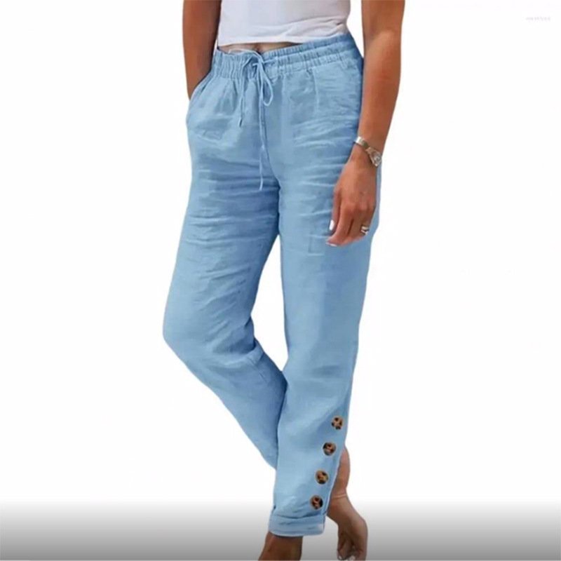 Elastic Waist Cotton Linen Straight Casual Button Trousers - Image 8