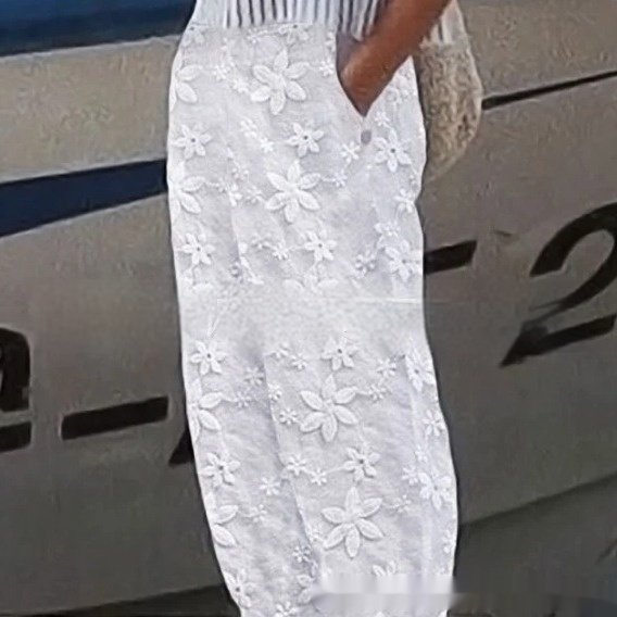 Women's Elegant Embroidery Cotton And Linen Casual Pants - Image 4