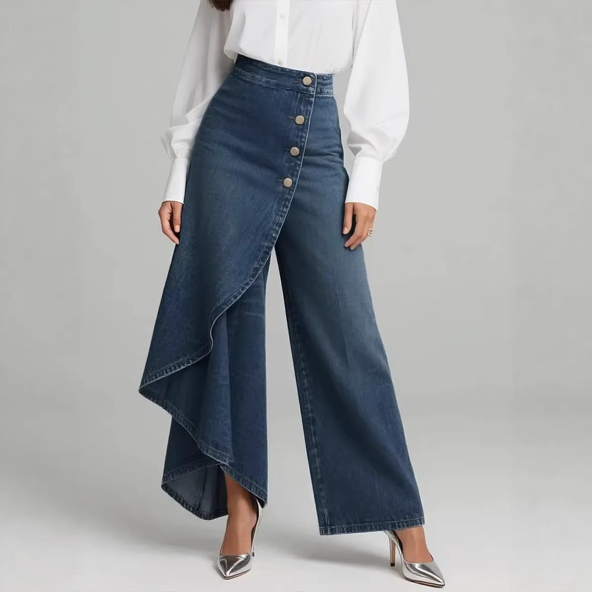 Unique Straight-leg Pants Fashion Large Ruffled Buttons Trousers Women's Faux Jeans Clothing - Image 2