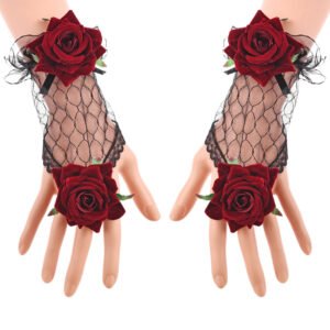 Vintage Lolita Lace Gloves Burgundy Rose Bracelet