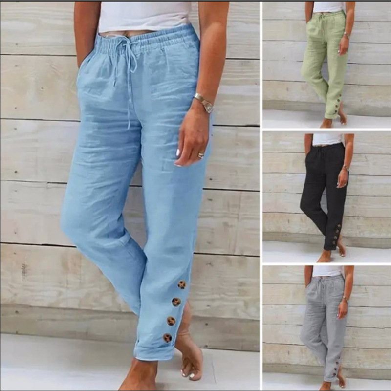 Elastic Waist Cotton Linen Straight Casual Button Trousers - Image 2