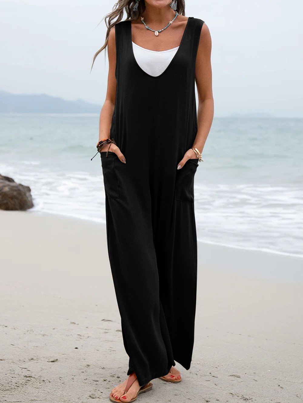 Solid Color Patch Pocket Fashionable Jumpsuit V-neck - Image 6