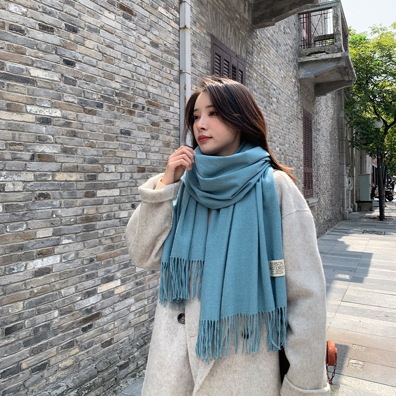 250g Solid Color Artificial Cashmere Scarf Thickened Warm Tassel Monochrome Shawl - Image 8