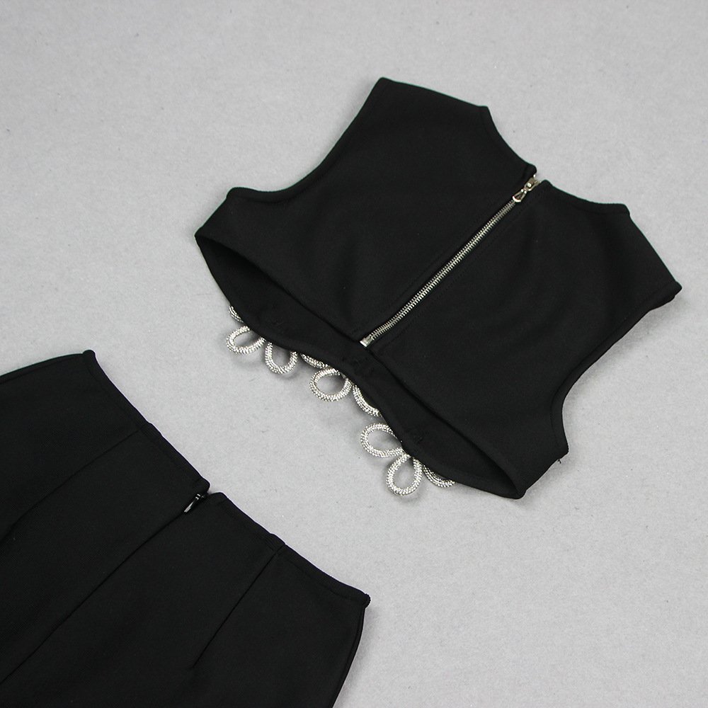 Women's Fashion Cutout Sleeveless Rhinestone Top Skirt Suit Bandage - Image 10
