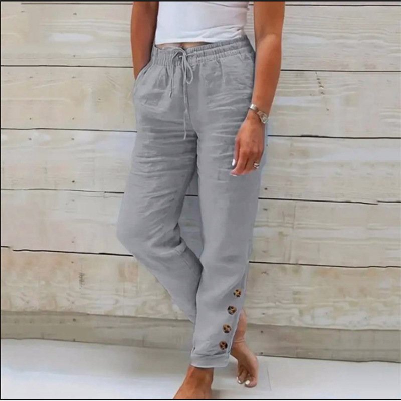 Elastic Waist Cotton Linen Straight Casual Button Trousers - Image 6
