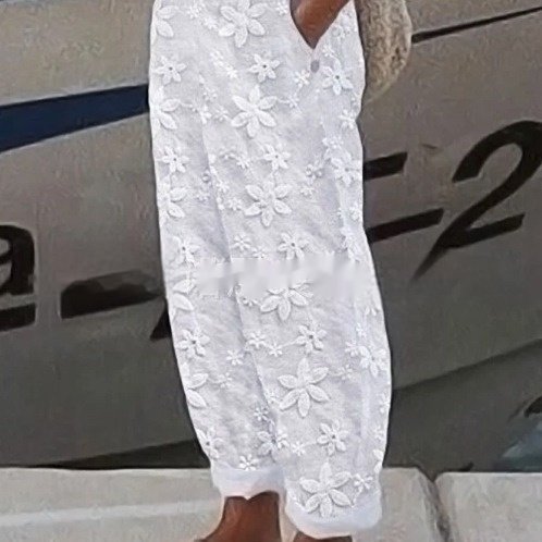 Women's Elegant Embroidery Cotton And Linen Casual Pants - Image 3