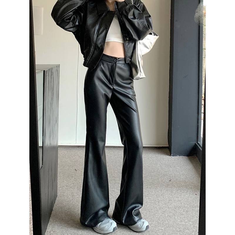 Slim Fit Leather Bootcut Trousers Slimming High Waist Casual Leather Pants - Image 2