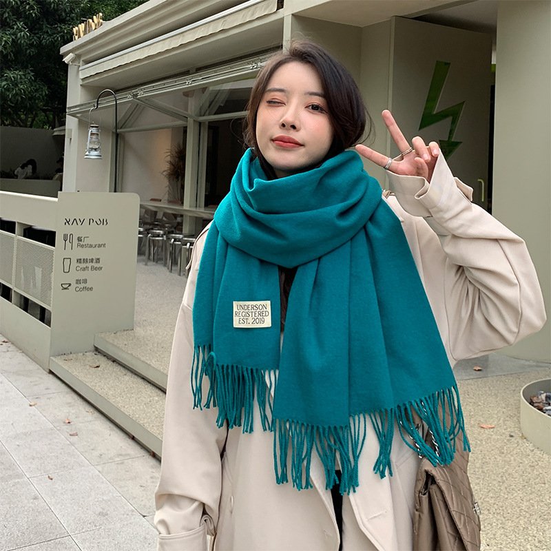 250g Solid Color Artificial Cashmere Scarf Thickened Warm Tassel Monochrome Shawl - Image 3