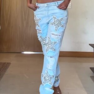 Five-pointed Star Hot Diamond Ripped Jeans
