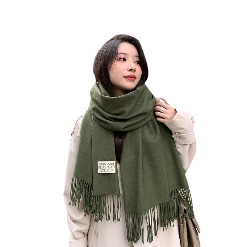 250g Solid Color Artificial Cashmere Scarf Thickened Warm Tassel Monochrome Shawl - Image 5