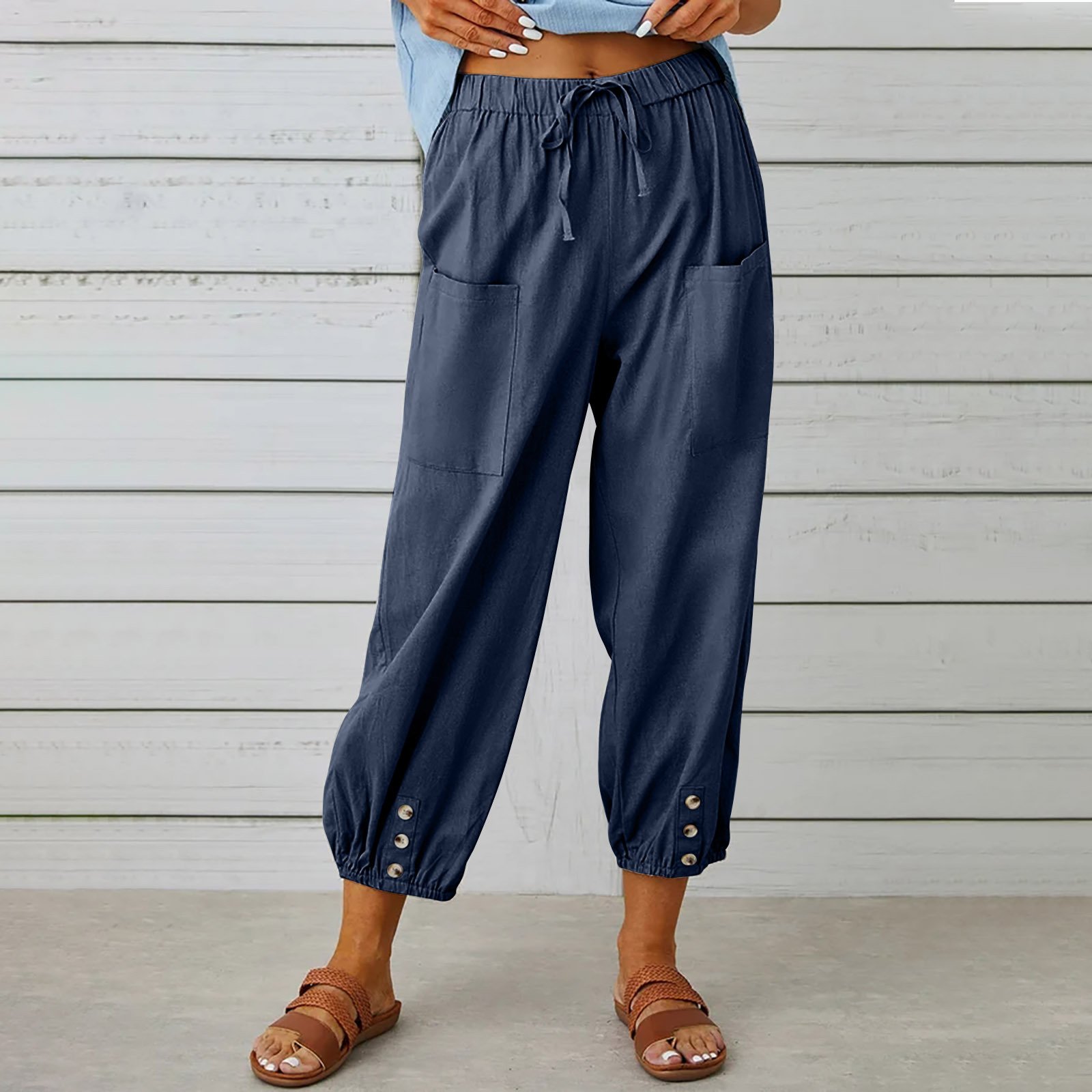 Women Drawstring Tie Pants Spring Summer Cotton And Linen Trousers With Pockets Button - Image 10