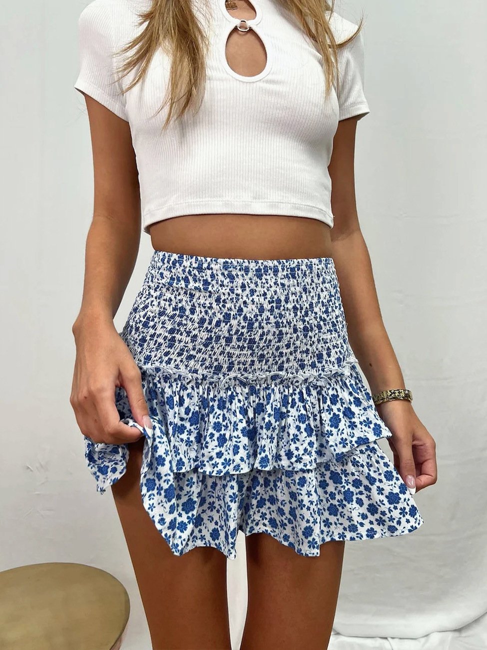 Women's Pleated Ruffles Printed Dress Fashion Floral Bohemian Short Skirt - Image 4