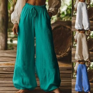 Fashion Casual Loose Artistic Pocket Drawstring Elastic Waist Wide Leg Pants