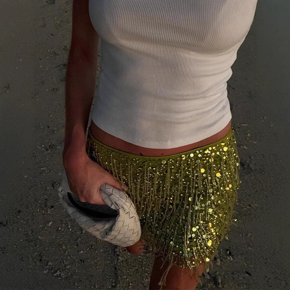 New Fashionable And Eye-catching Solid Color Tassel Sequin Skirt - Image 4