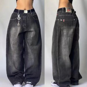 High Waist Retro Distressed Black Gray Wide-leg Jeans