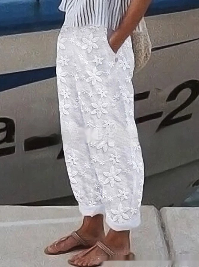 Women's Elegant Embroidery Cotton And Linen Casual Pants - Image 6
