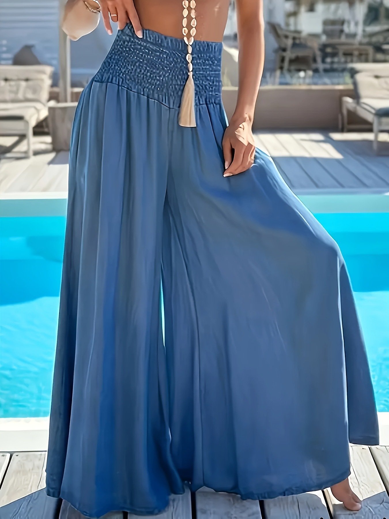 Solid Color High Waist Smocking Ice Silk Wide Leg Trousers - Image 8