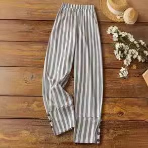 Women's Casual Striped Trousers With Decorative Buttons - Image 3