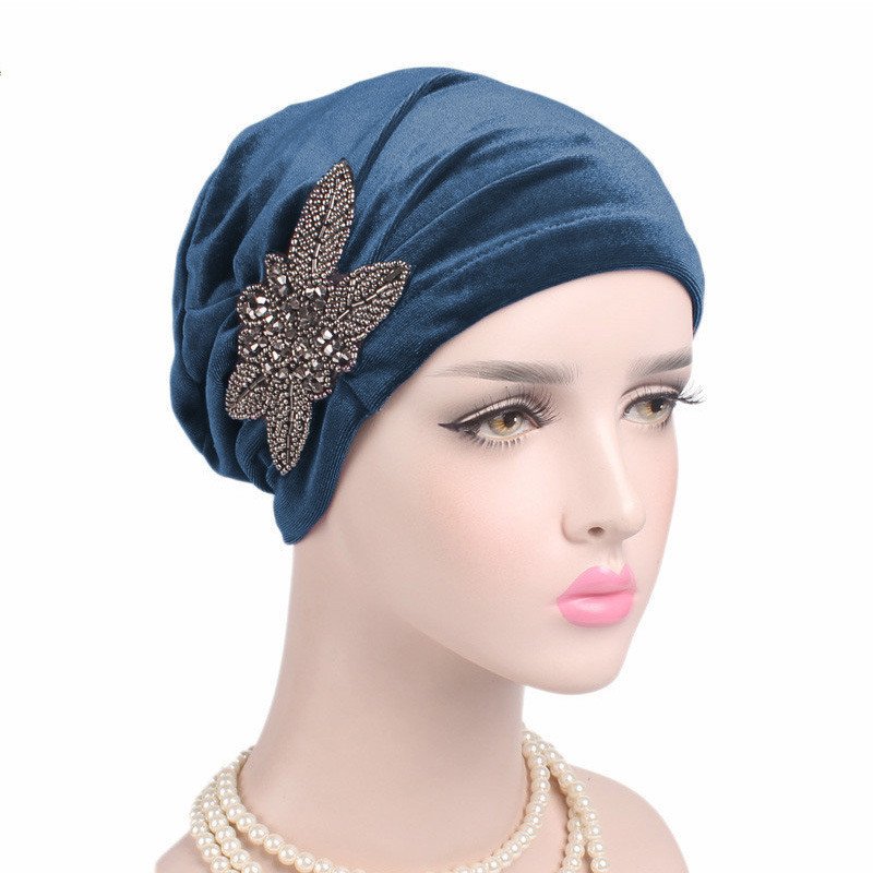 Beaded Flower Accessories Turban Hat Velvet Pleated Hood - Image 3