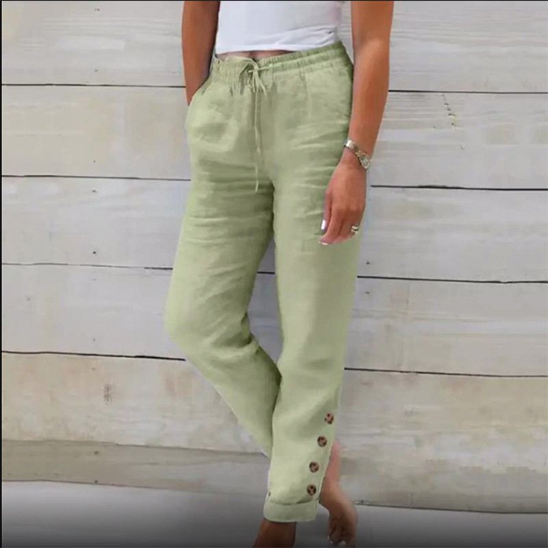 Elastic Waist Cotton Linen Straight Casual Button Trousers - Image 4