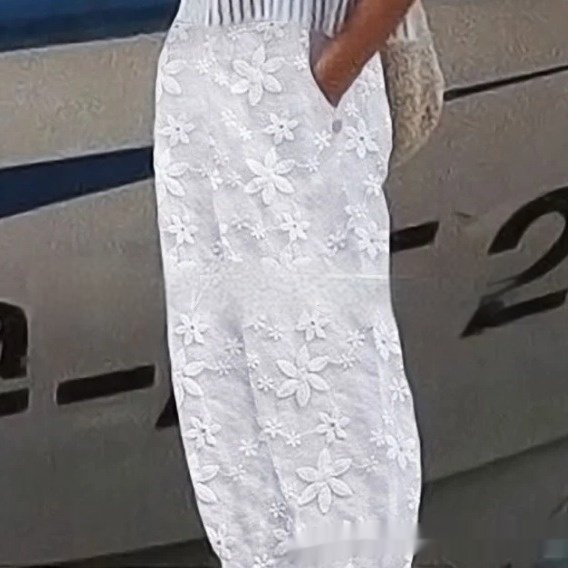 Women's Elegant Embroidery Cotton And Linen Casual Pants - Image 2