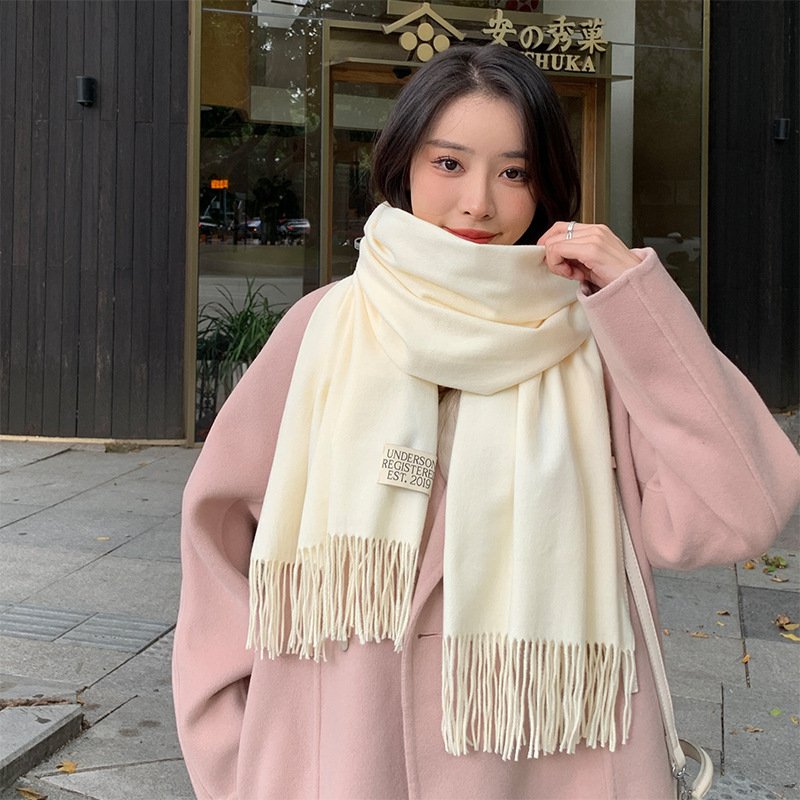 250g Solid Color Artificial Cashmere Scarf Thickened Warm Tassel Monochrome Shawl - Image 2