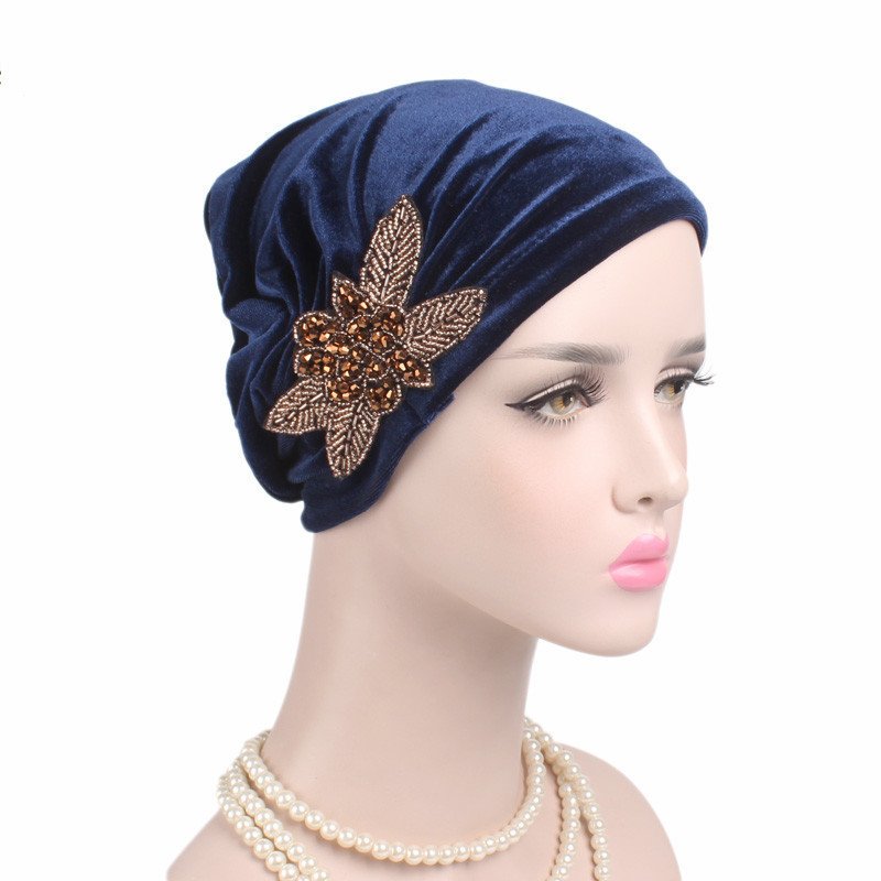 Beaded Flower Accessories Turban Hat Velvet Pleated Hood - Image 5